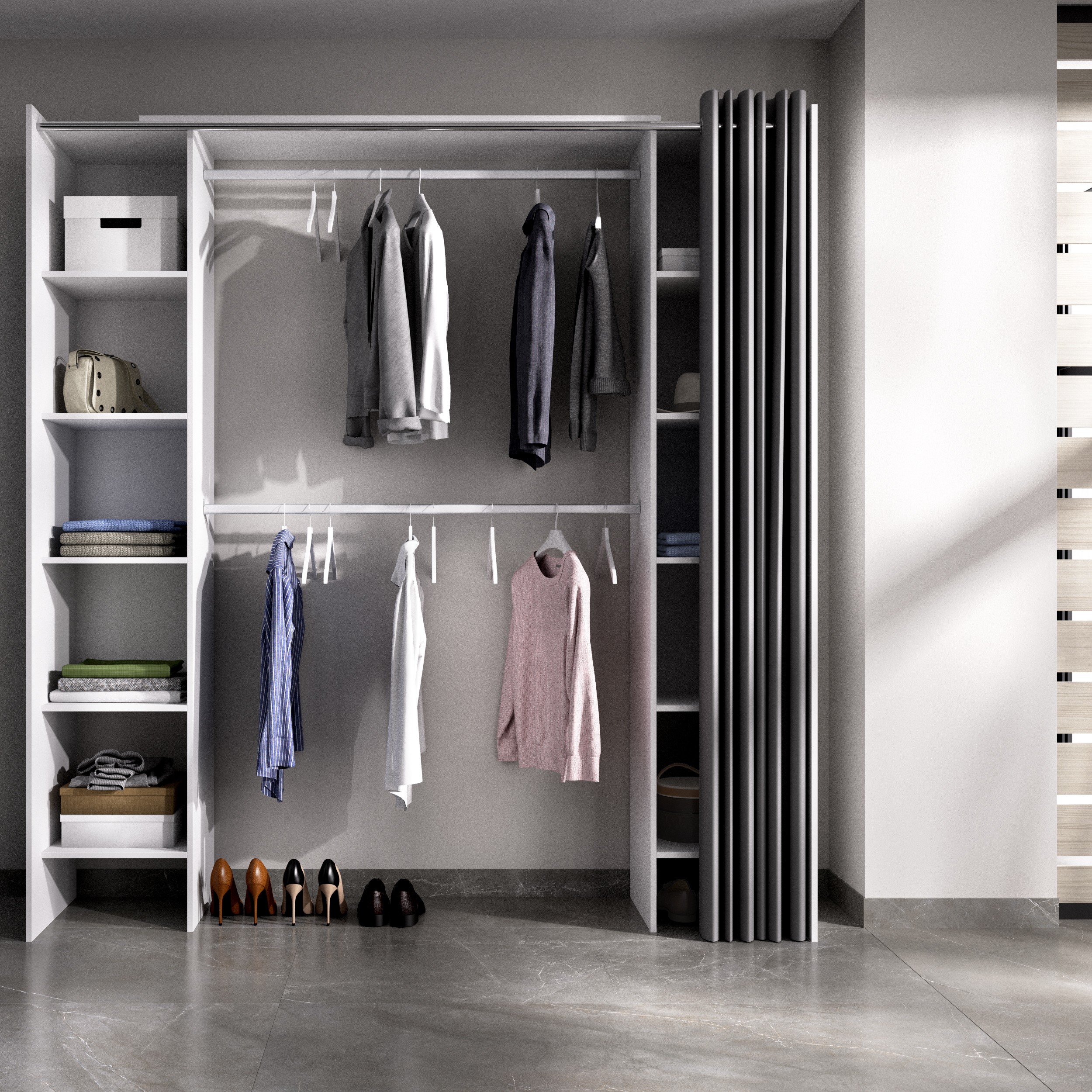 Armario vestidor con 2 barras + cortina + estantes blancos - Imagen 2