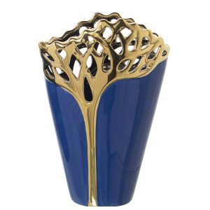 Jarrón cerámica azul/oro diseño árbol 27 cm