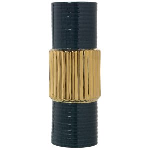 Jarrón cerámica verde oscuro franja dorada 39 cm