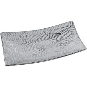 Centro rectangular de cerámica en plata con detalles de hoja blanco