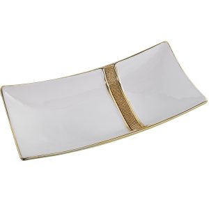 Centro de mesa rectangular cerámico blanco detalle dorado
