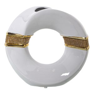 Jarrón de cerámica circular blanco con detalles dorados