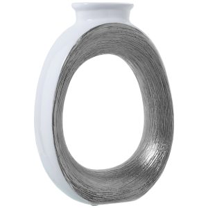 Jarrón de cerámica blanco con hueco redondo central plateado o dorado