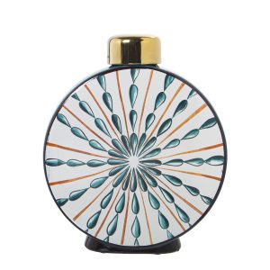 Tibor de cerámica redondo con tapadera dorada 23 cm