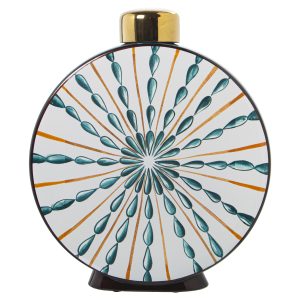 Tibor de cerámica redondo con tapadera dorada 28 cm