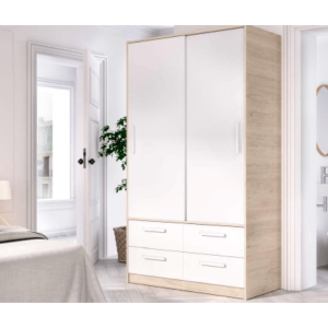 Armario 2 puertas correderas + 4 cajones blanco/natural