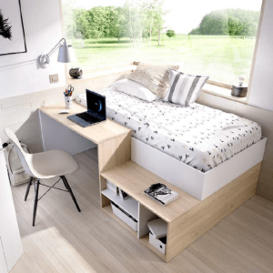 Cama compacta con escritorio blanca/natural