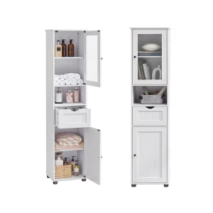 Armario baño estrecho con puerta de cristal en blanco