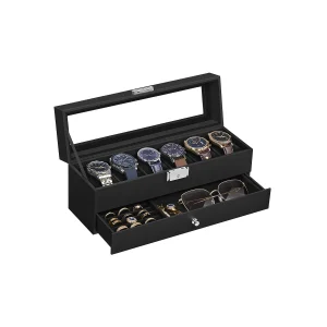 Caja de Reloj con Tapa de Cristal de 2 Niveles  Superficie PU Negro y Forro