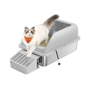 Arenero para gatos de acero inoxidable con entrada superior