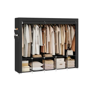 Armario de tela plegable con barras estantes y bolsillos laterales