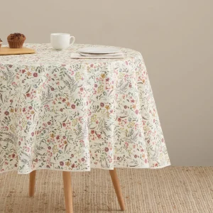 Mantel antimanchas redondo algodón flores y hojas Saniar